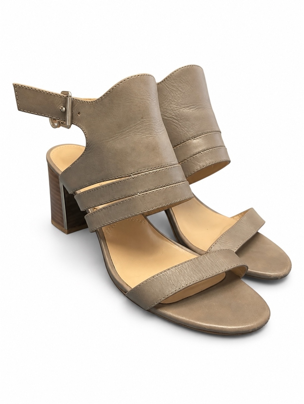 Adrienne Vittadini Taupe Leather Block-Heel Sandals (W 8 1/2)